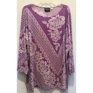 Bob Mackie Purple and White Floral Stretchy Blouse 3/4 Sleeves Size 3X